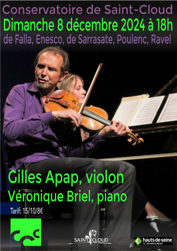 Gilles Apap, violon<br>et Véronique Briel, piano <br><strong>dimanche 8 décembre 2024<br>Auditorium</strong>